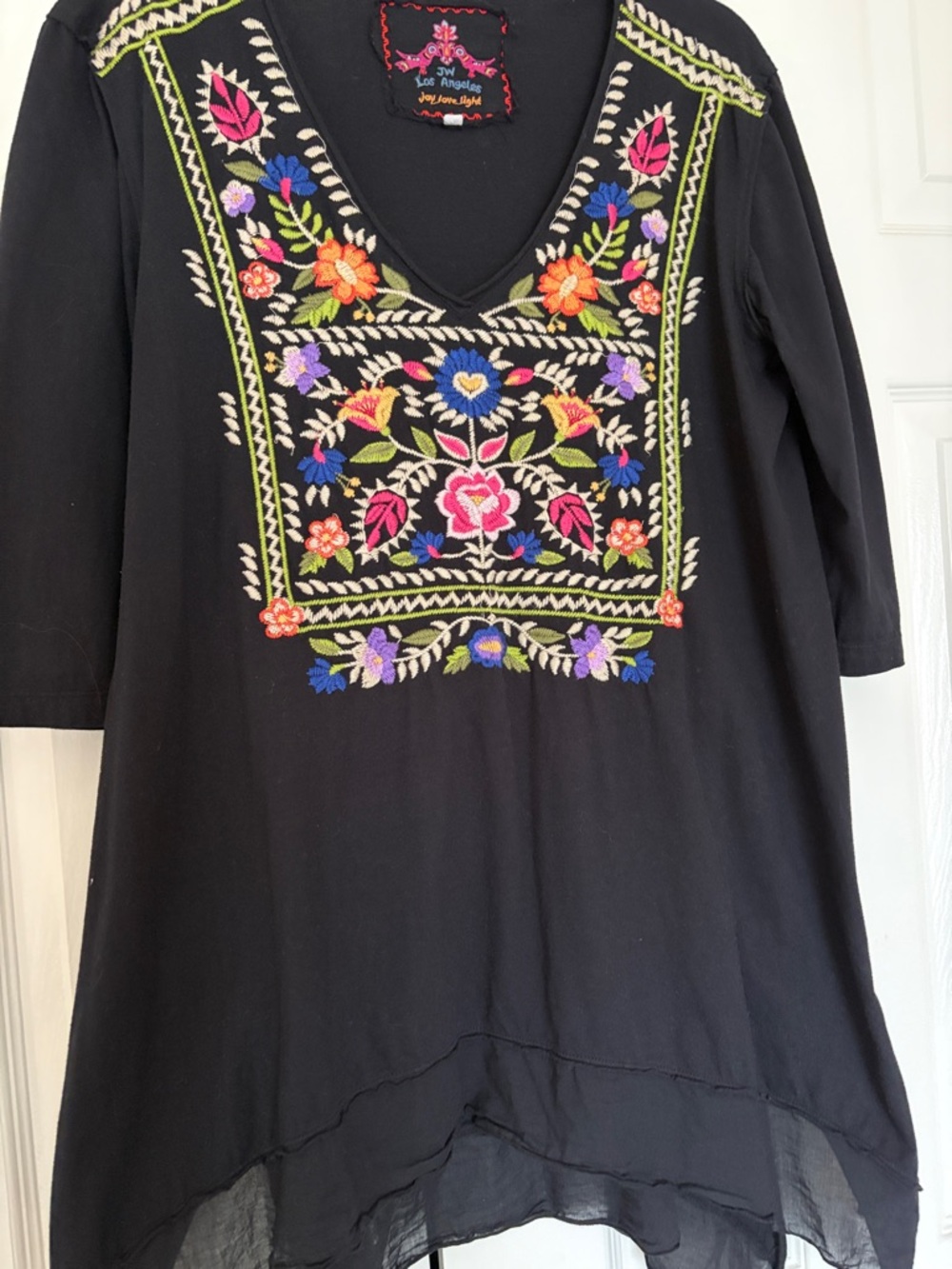 Johnny Was Embroidered Black V-Neck Tunic with Colorful Floral Panel